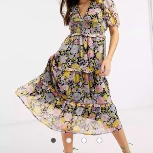 Neon Rose midi dress with tiered ruffle skirt and bow back in floral
